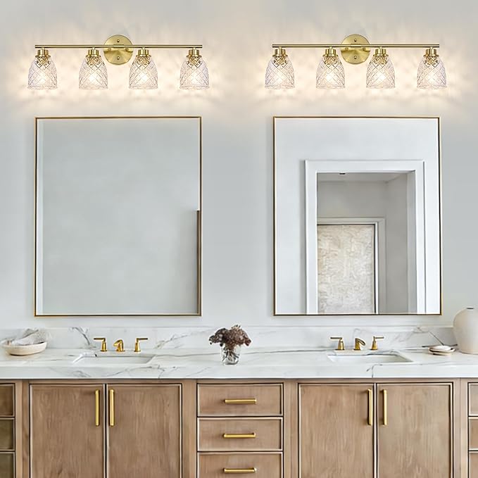 4-Light Bathroom Light Fixtures, Modern Brushed Gold Vanity Light Over Mirror, Wall Sconce with Clear Hammered Glass Shades, E26 Base (Bulbs Not Included)