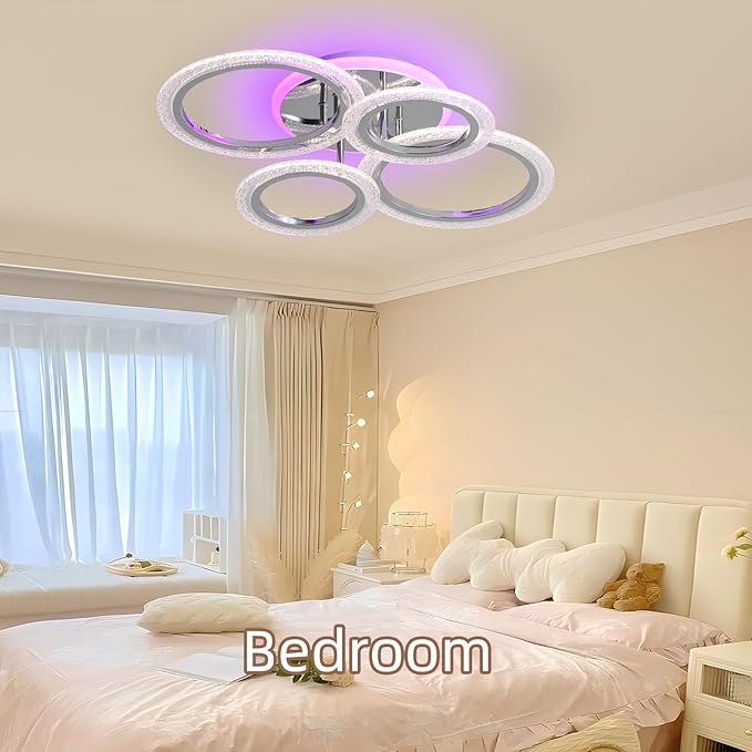 Modern Ceiling Light,50W Flush Mount Ceiling Lights,Dimmable lampara de techo para sala,4 Rings Lighting Fixture Ceiling Lamps for Living Room, Bedroom,Kitchen,Laundry Room,3000-6000K,Chrome