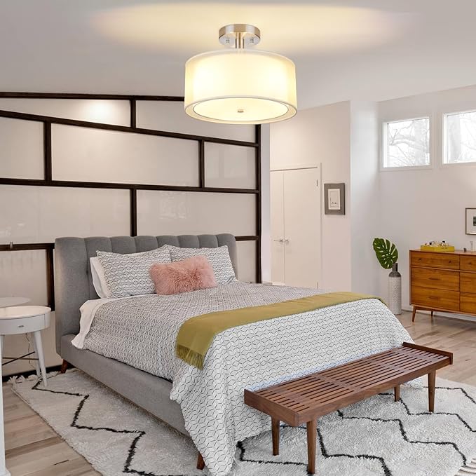 FOLKSMATE Semi Flush Mount Ceiling Light Fixture, Gold 3-Light Drum Light with Double Fabric Shade, Modern Close to Ceiling Lamps for Living Room, Bedroom, Dining Room, Kitchen, Hallway, Entry, Foyer