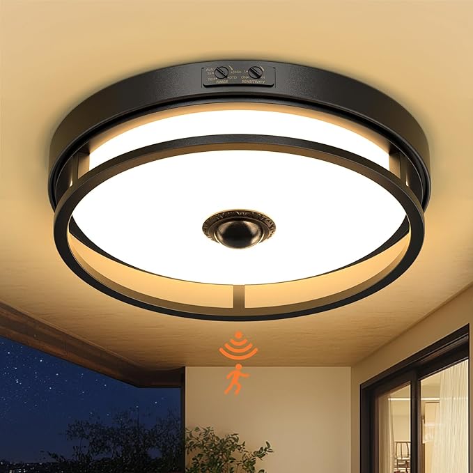 Motion Sensor Outdoor Ceiling Light, Flush Mount LED Ceiling Light Fixture, 12" Dusk to Dawn Porch Lights for Outdoor Ceiling, Black Ceiling Lamp for Entryway, Garage, Hallway