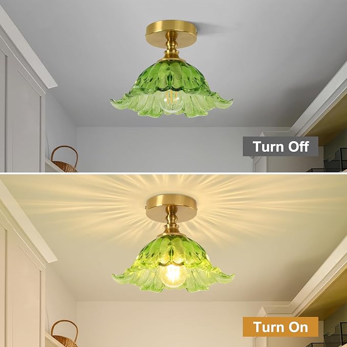 Semi Flush Mount Ceiling Light Fixture, 11in Green Glass Vintage Light Fixtures Ceiling for Hallway Kitchen Foyer Entryway Bedroom, E26 Base