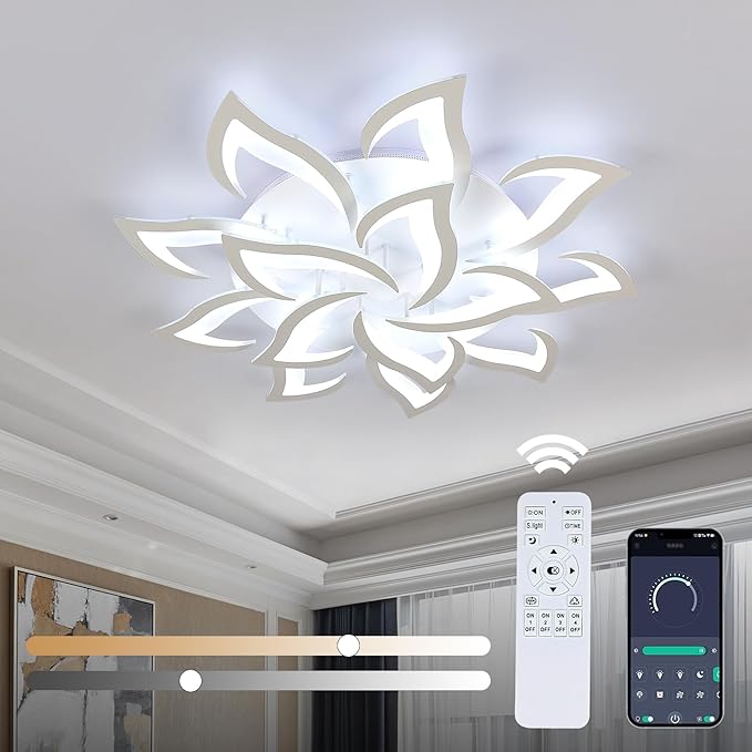 Goeco Modern Ceiling Light, 14-Petals LED Dimmable White Acrylic Flower Design Flush Mount Ceiling Light, 3000K-6500K with APP/Remote Control for Living Room, Dining Room, Kitchen