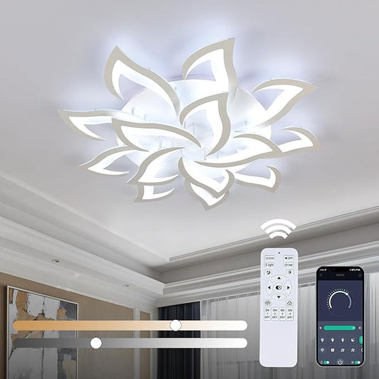 Goeco Modern Ceiling Light, 14-Petals LED Dimmable White Acrylic Flower Design Flush Mount Ceiling Light, 3000K-6500K with APP/Remote Control for Living Room, Dining Room, Kitchen