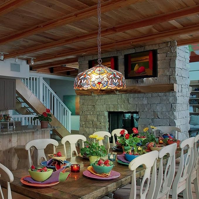 Capulina Tiffany Lamp Stained Glass Pendant Light 2-Light 16 Inches Wide Flower Victorain Antique Tiffany Style Hanging Lamp for Kitchen Island Living Dining Room Home Farmhouse