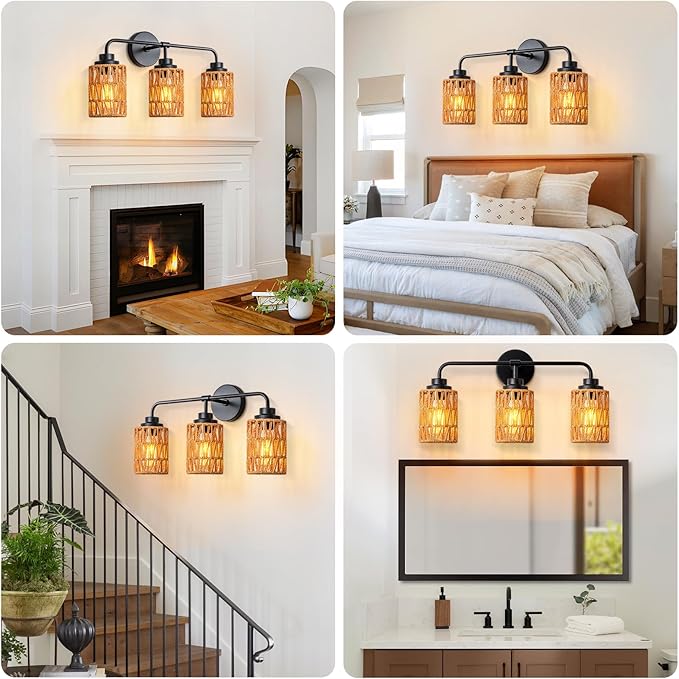 3-Light Bathroom Light Fixtures Vanity Lights Over Mirror, Rustic Farmhouse Rattan Wall Sconce with Boho Hand Woven Wall Lamp Natural Style Wall Mounted Light Vanity Lighting for Bedroom Hallway