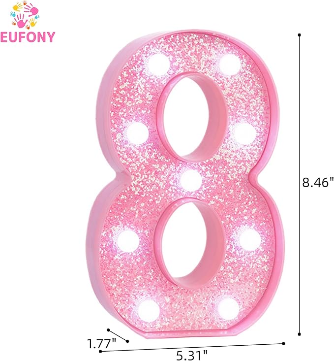 Pink Light Up Marquee Numbers, Glitter LED Number Lights Signs Battery Operated for Girls 8th 18th 28th Pink Birthday Party Table Decorations, 8 Inch Tall Number 8 with Cool White Lights