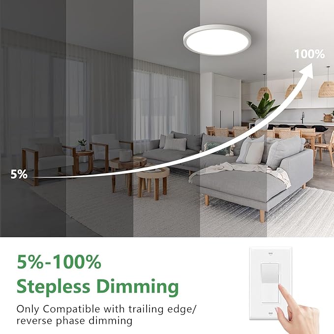 15.8 Inch Dimmable LED Flush Mount Ceiling Light, 32W, 3480LM, 3000K/3700K/4000K/5000K/6000K, Round Flat Panel Low Profile Ceiling Light Fitures for Hallway, Kitchen, Bedroom, 1PK White
