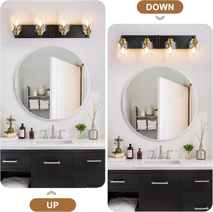 Black and Gold Bathroom Light Fixture, 4 Light Brushed Gold Vanity Light, 27.5" Modern Farmhouse Bathroom Lighting Fixtures Over Mirror, with Clear Glass Shade, Vanity Lights for Bedroom Hallway