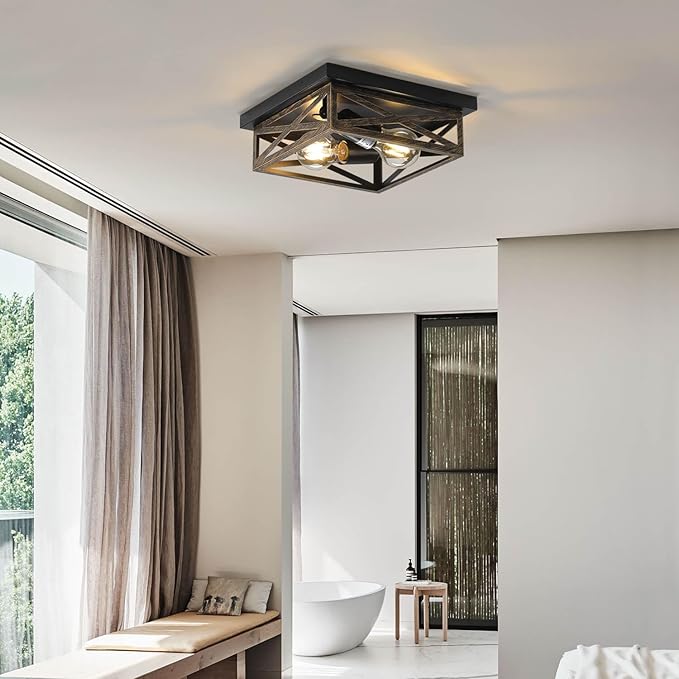 Rustic Flush Mount Ceiling Light Fixture, Modern Farmhouse Light Fixture, Kitchen Hallway Light Fixtures for Bedroom,Dining Room Entryway,Industrial Metal Cage Ceiling Light