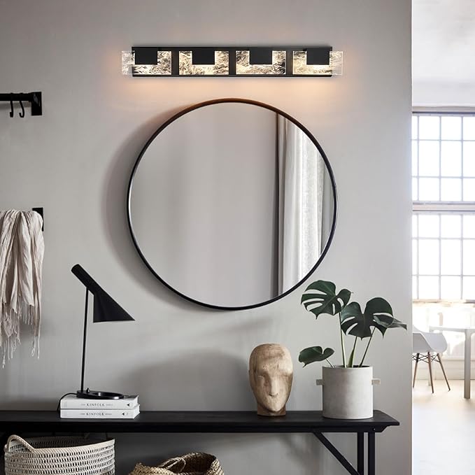 LED Bathroom Vanity Light: 32in Matte Black Acrylic Modern Lighting Fixtures - 4-Light Contemporary Smoke Design Wall Lights Fixture Over Mirror 3000K