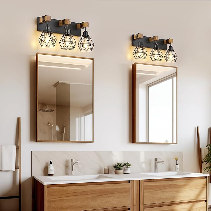 Farmhouse Vanity Light for Bathroom, 3-Light Wood Bathroom Vanity Light Fixtures Over Mirror, Rustic Sconces Wall Lighting with Metal Lampshade for Living Room, Bedroom, Hallway