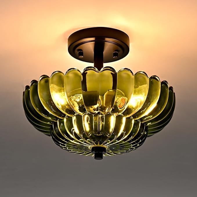 Semi Flush Mount Ceiling Light Fixture, Green Glass 3-Light Modern Vintage Ceiling Lights, Scalloped Close to Ceiling Light, Black Base Flush Mount Ceiling Light for Hallway Bedroom Entryway Kitchen