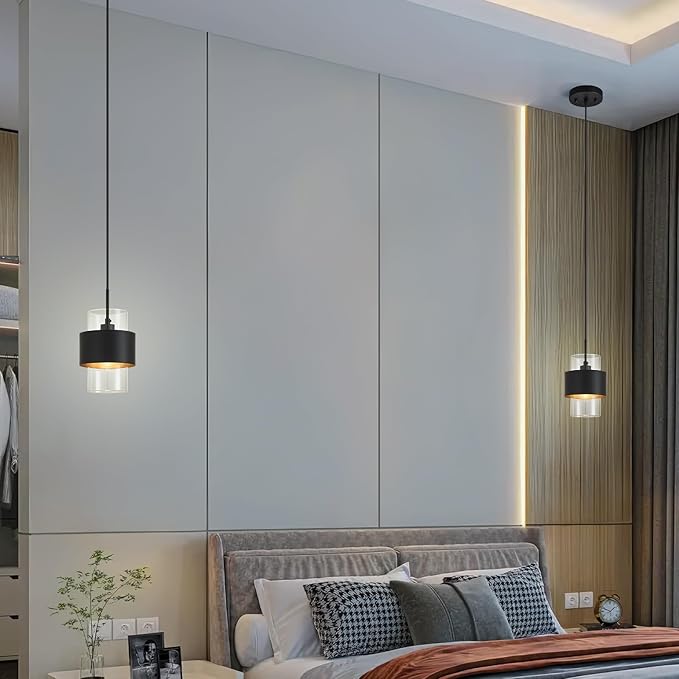Modern Black Pendant Lighting Indoor Kitchen Island Pendant Light Glass Shade Ceiling Light Fixtures for Bedroom Dining Room Living Room(2-Pack)