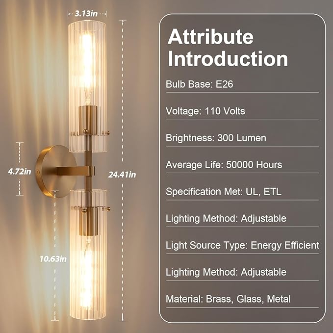 Brass Gold 2-Light Knurled Wall Sconce, Dual-Head Vanity Lamp with Vertical Striped Glass Tube, Bathroom Wall Sconces, Wall Lights for Living Room Bedroom Hallway Kitchen Bathroom Mirror
