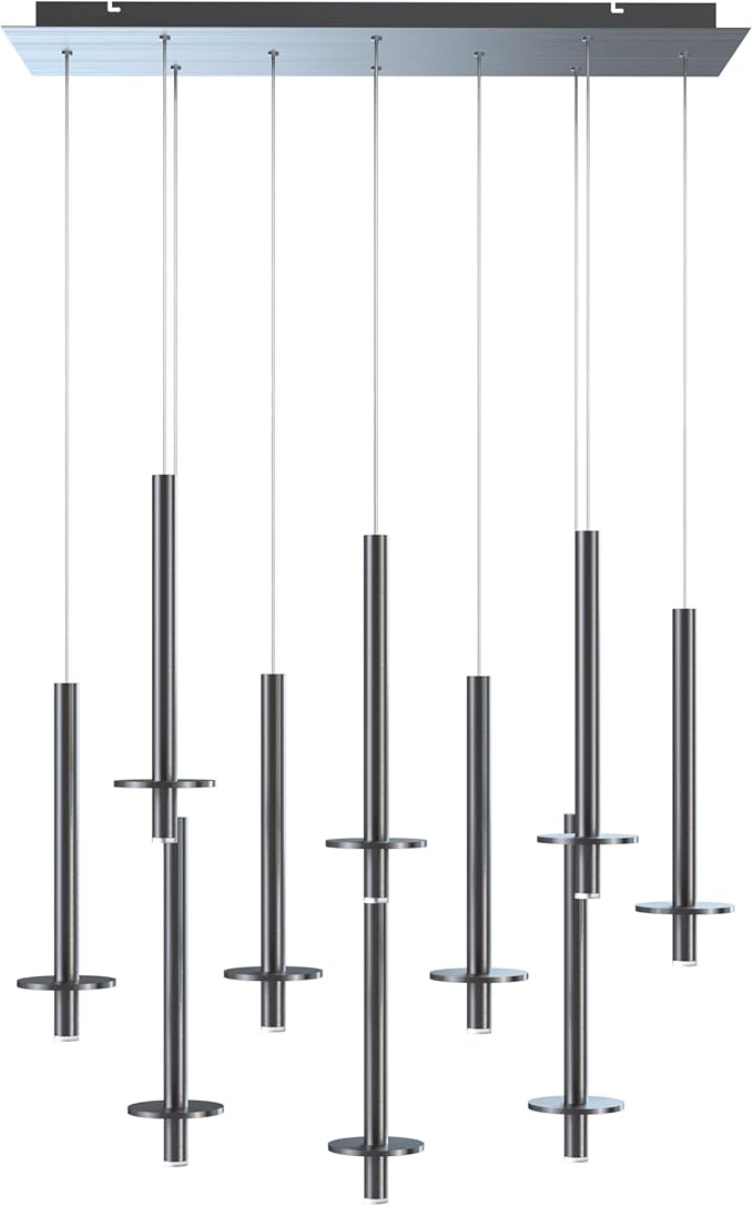 Draco 10 Pendant Lighting Nickel – LED Hanging Light Fixture for Kitchen Island, Bar, Foyer – Equilateral Cluster of Mini Metal Rod Pipe Tube Cylinders – Dimmable, Adjustable Wire, Lamp Bulb Included