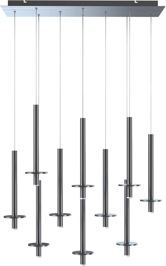 Draco 10 Pendant Lighting Nickel – LED Hanging Light Fixture for Kitchen Island, Bar, Foyer – Equilateral Cluster of Mini Metal Rod Pipe Tube Cylinders – Dimmable, Adjustable Wire, Lamp Bulb Included