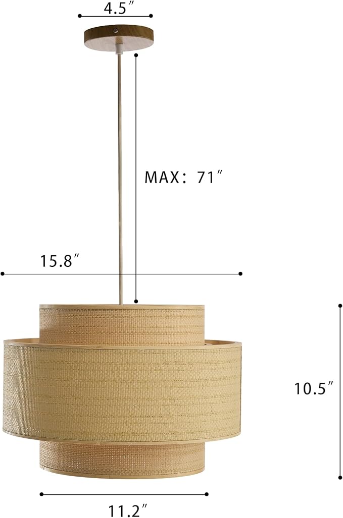 Pendant Light, 3-Tier Layered Boho Hanging Lamp with Natural Woven Drum Shade, 15ft Hemp Rope Cord Ceiling Light for Kitchen Island Dining Room Bedroom