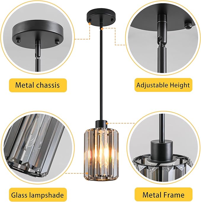 Modern Mini Crystal Pendant Lights Chandeliers Adjustable Sloped LED Hanging Ceiling Fixture Glass small Crystals for Kitchen Island Bathroom Living Room, Dining Room, Hallway, Bar 1PC (Black)