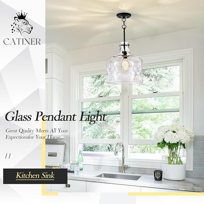 CATINER Extra Large 16" Vintage Farmhouse Pendant Light – Hand-Blown Clear Hammered Glass Shade, Adjustable Chain, Hanging Light for Kitchen Island, Dining Room, Hallway, Black Finish