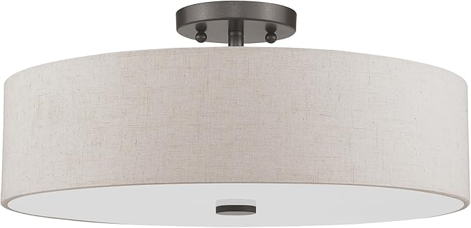 Livex Lighting 52136-92 Meridian Collection 4-Light Transitional Ceiling Mount Fixture with Oatmeal Color Fabric Hardback Shade, English Bronze