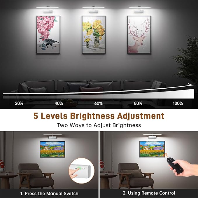 Picture Light, 15.35inch Wireless Picture Lights for Wall Rechargeable, Battery Wall Lights for Pictures, 3 Color Art Lighting for Paintings with Timer and Dimmable for Display Gallery Frame (Silver)