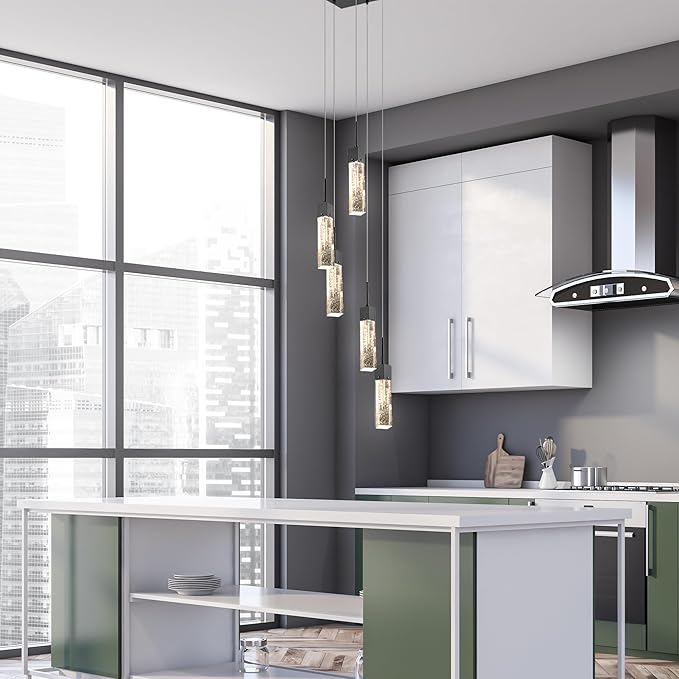 Vivio Lighting Modern Pendant Light Mini Pendant Lighting for Kitchen Island Bubble Crystal LED Adjustable Hanging Lights for Bathroom Living Room Black 4000K 5 Lights
