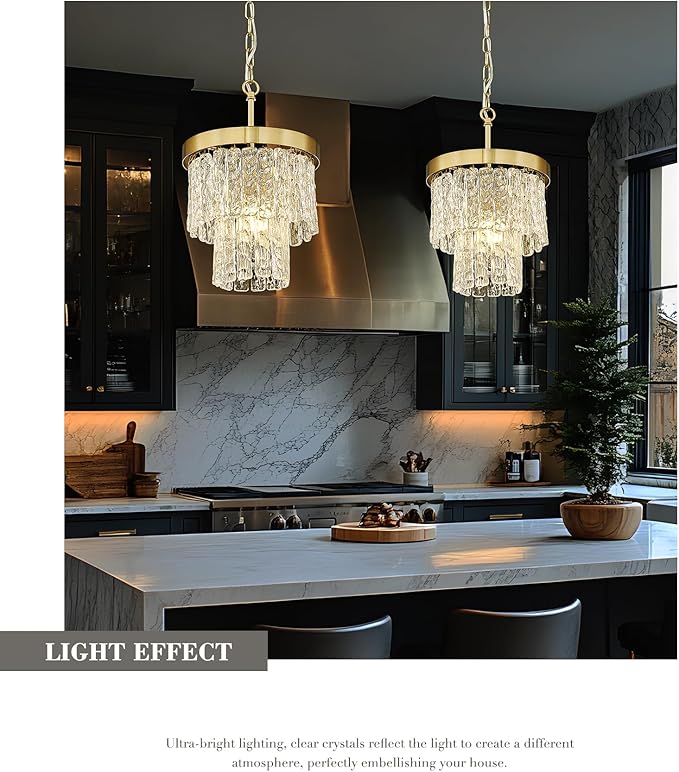 Water Ripple Gold Chandelier, 2-Tier 10'' Pendant Lights Kitchen Island, Vintage Chandeliers for Dining Room Kitchen Island Bedroom Entryway, CC4848-1P-PG