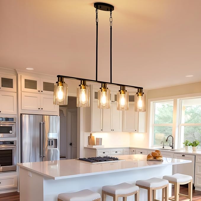 Dining Room Light Fixture,5-Light Farmhouse Linear Chandeliers for Dining Room Over Table，Matte Black and Gold Finish Kitchen Island Pendant Lighting for Kitchen Island，Pool Table Light