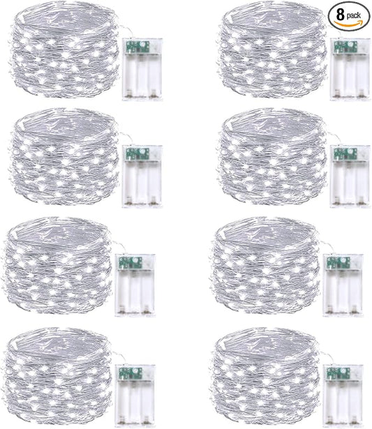 8-Pack Fairy Lights Battery Operated with Timer, 16 FT 50 LED String Lights Outdoor Indoor, Battery Twinkle Lights Waterproof for Christmas Bedroom Centerpiece Décor (Cool White)
