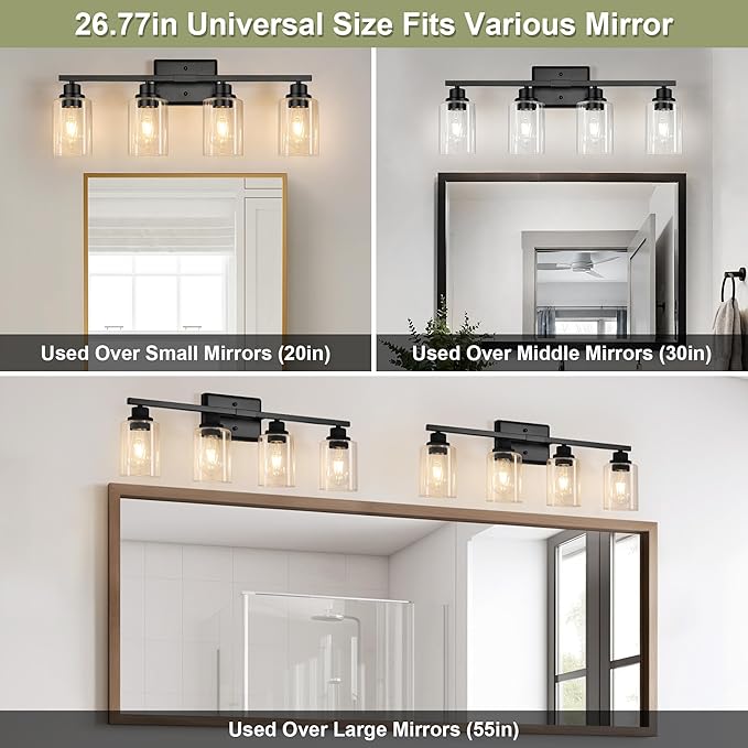 Unicozin Modern Bathroom Light Fixtures, 4 Light Vanity Lights Over Mirror, Black Wall Lamp with Clear Glass for Living Room Cabinet Bedroom Porch
