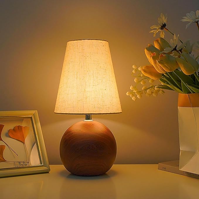 Vintage Wooden Base Fabric Night Lamp, Adjustable Light Color and Brightness with Power-Off Memory, Safe USB Powered, Retro LED Table Light for Bedroom Living Room Office (Flax Yellow)