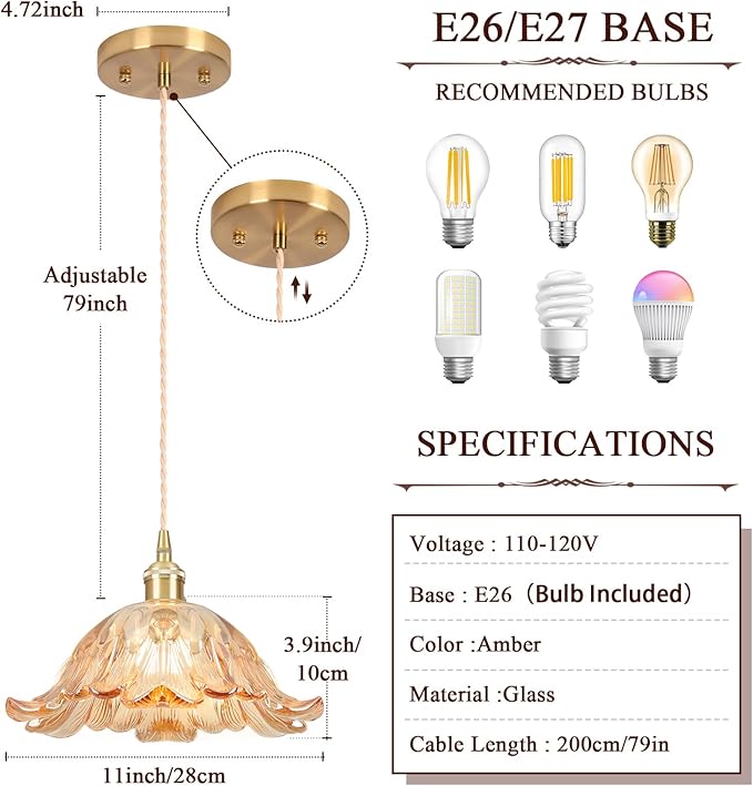Vintage Pendant Light,Amber Glass Light Fixtures,11" Flower Pendant Lights Adjustable Hanging Light Pendant Lighting Fixtures for Bedroom Hotel Dining Room