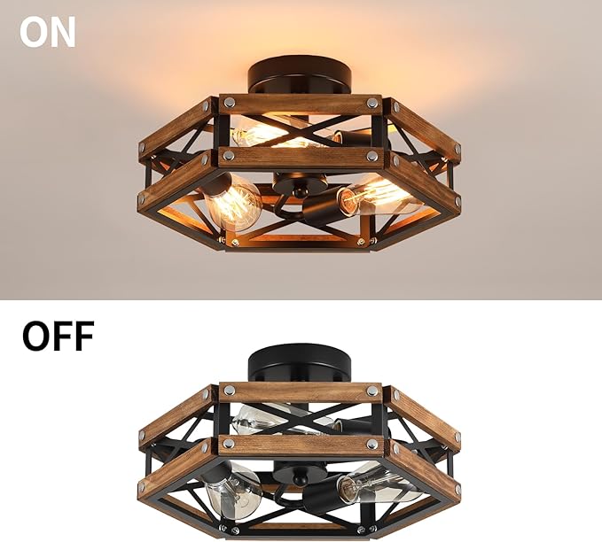 3-Light Rustic Farmhouse Wood Flush Mount Ceiling Light Fixture Oak Wood and Metal Cage Semi Flush Mount Ceiling Light for Hallway Hall Entry Bedroom Kitchen Farmhouse, Black