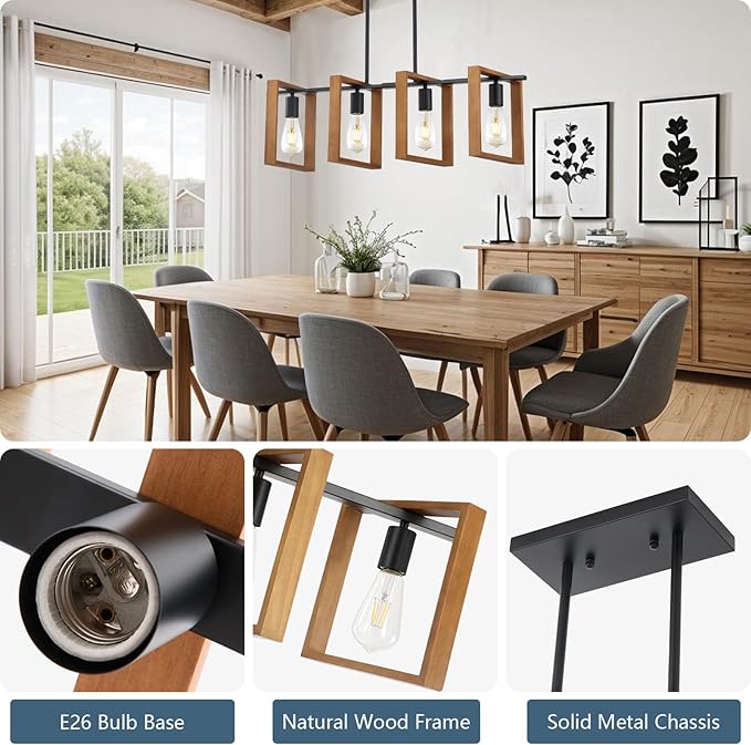 9MMML 4 Lights Island Light for Kitchen,Farmhouse Industrial Rectangle Pendant Light, Black Body+Wood Frame Vintage Chandelier for Dining&Living Room Pool Table Hallway Entryway Foyer,E26