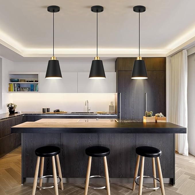 3-Pack Matte Black Pendant Lights Metal Cone Kitchen Island Pendant Lighting with Gold Modern Hollow Shade Hanging Light Fixture for Dining Room Bar Hallway 63" Adjustable Cord