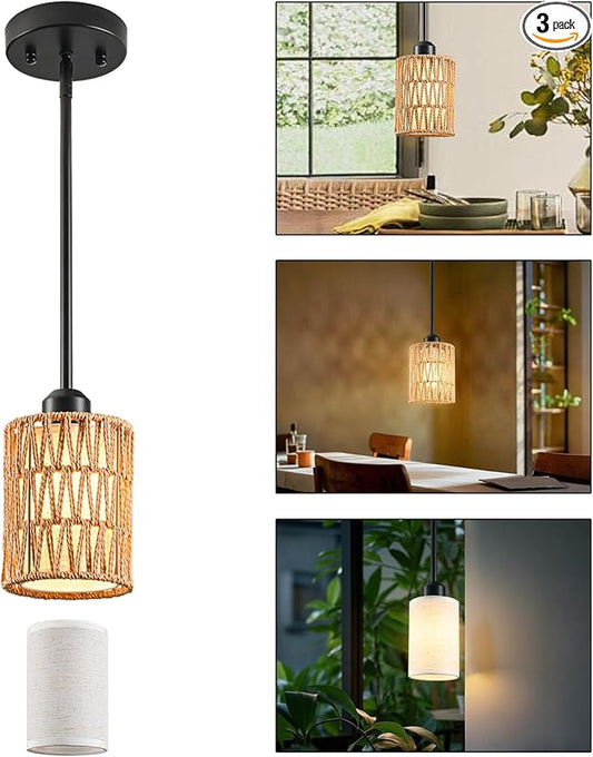 Rattan Pendant Light, 6 Inch 2-in-1 Boho Hanging Fixture with Iron Rods & Linen Shade, Adjustable Height & Sloped Ceiling Compatible for Kitchen Island Dining Room Farmhouse Bedroom, 1 Pack
