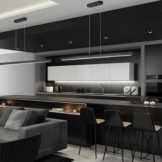 31.5" Black Linear Pendant Light Wooden Led Linear Pendant Light Fixtures Ceiling Hanging Dimmable Pendant Lights for Dining Room Kitchen Island Pool Table Lights Black Wood Finish，Kitchen Lights