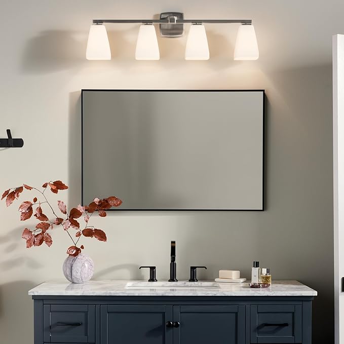 Kichler Marant 33.25" 4-Light Bathroom Vanity Light Fixture with Opal Glass in Brushed Nickel for Modern Powder Room Over Mirror (33.25 in W x 9.5 in H), 55217NI