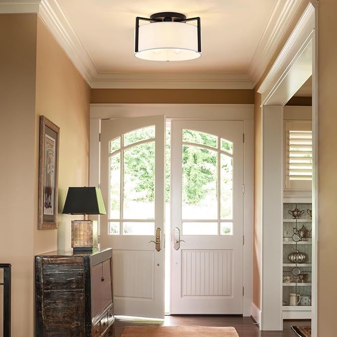 15" Semi Flush Mount Ceiling Light, 3-Light Modern Kitchen Hallway Light Fixtures with Drum White Shade, Metal Close to Ceiling Lights for Entryway Living Room Bedroom Dining Room Foyer, Black