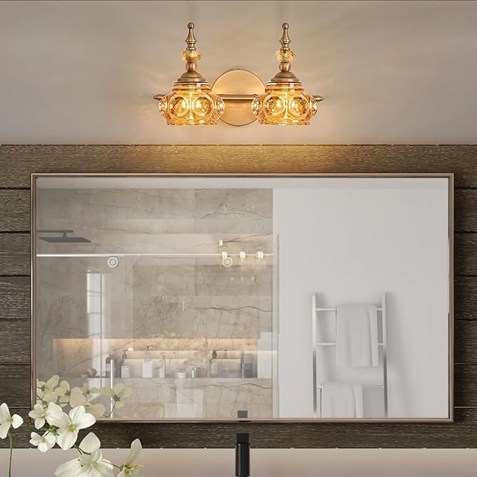Vintage 2-Light Bathroom Lighting Amber Rose Vanity Light Fixtures Wall Sconce with Crystal Glass Shade Rust-Proof and Durable for Bedroom Living Room Hallway