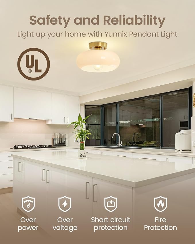 Yunnix Semi Flush Mount Ceiling Light, Milk Glass Light Fixture, Gold Mid-Century Modern Farmhouse Small Light Fixtures for Hallway, Bathroom, Kitchen, Bedroom, Living Room, Closet, Laundry(8.66 Inch)