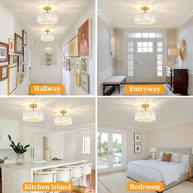 TOULMJ Crystal Semi Flush Mount Ceiling Light, 3-Light Modern Close to Ceiling Light Fixtures, Gold Hallway Light Fixtures Flush Mount Chandelier for Entryway Kitchen Bedroom Dining Laundry Room