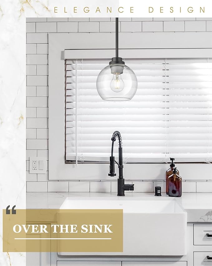 Pendant Lights Kitchen Island 2 Pack, 7" Modern Black Hanging Lights Fixtures with Clear Glass Globe Shade, Kitchen Island Lighting for Bathroom, AD-22280-1P2-BK-C