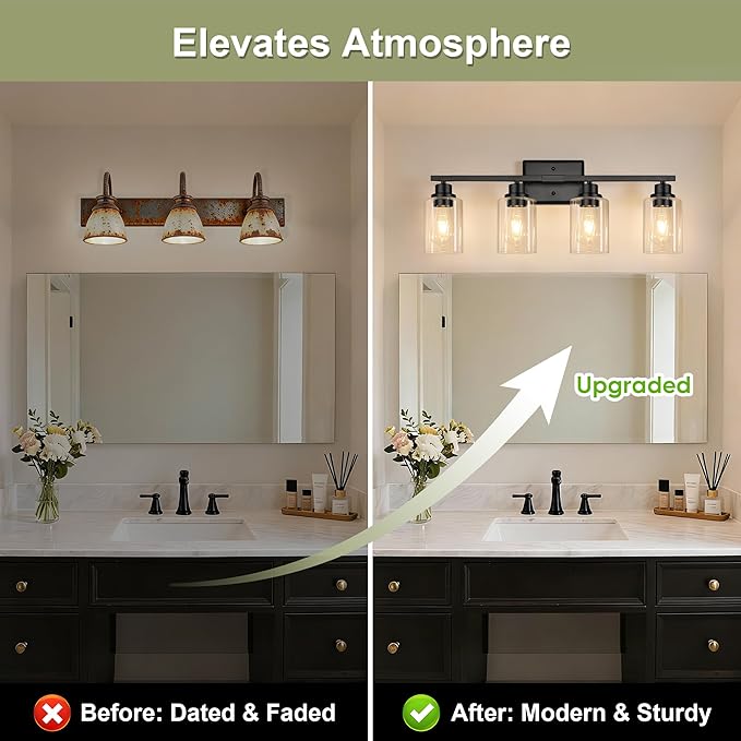 Unicozin Modern Bathroom Light Fixtures, 4 Light Vanity Lights Over Mirror, Black Wall Lamp with Clear Glass for Living Room Cabinet Bedroom Porch