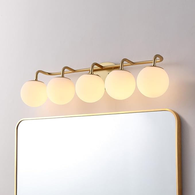 JONATHAN Y 33" Gold Painting Modern Globe Wall Sconce Vanity Light for Bathroom, White Frosted Glass Shade, Midcentury Parisian Bistro Wall Lamp, LED Bulb Included (JYL3559A)