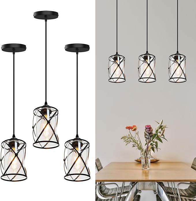 3 Light Pendant Lighting, Farmhouse Hanging Light Fixture for Kitchen Island & Dining Room, Industrial Vintage Ceiling Lamp with E26 Base, Adjustable Height, Matte Black with Glass Shades
