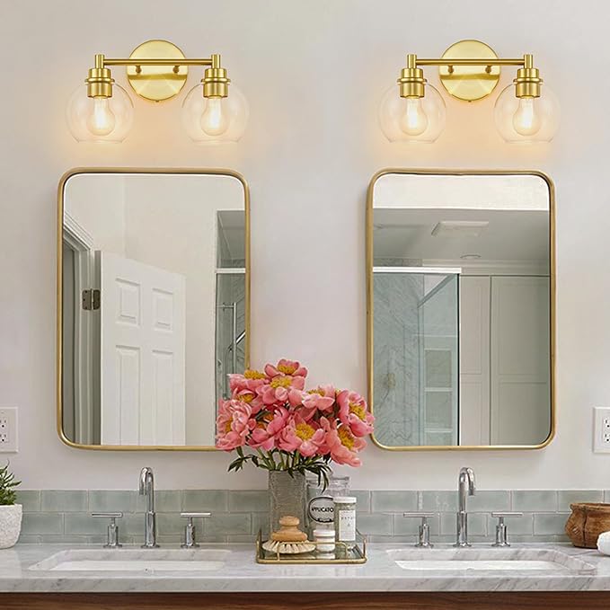 Gold Bathroom Vanity Lights, 2-Light Wall Sconce with Glass Globe Shade, Vanity Lighting for Bathroom/Bedroom/Dressing Room, Vertical/Horizontal Mounted, E26 Bulb Base (Bulb Not Included)