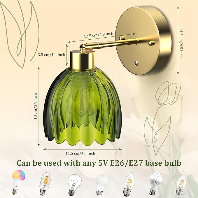 MOKOQI Wall Sconces Set of 2 Battery Operated | Tulip Glass Wall Lamps Rechargeable 5200mAh Wireless Wall Sconce Dimmable for Bedroom Living Room Hallway, Elegant Green Tulip Lampshade Wall Decor