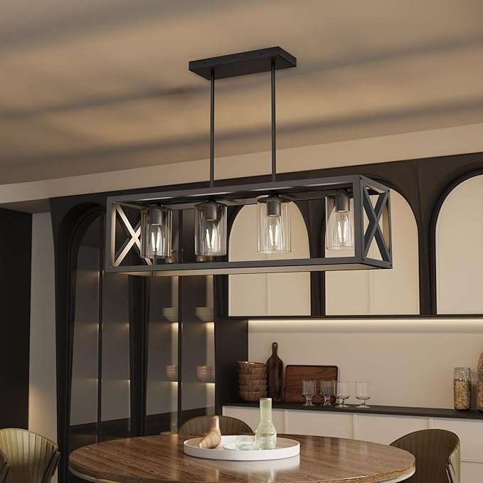 Espird Farmhouse Dining Room Light Fixture - 4 Light Kitchen Island Lighting with Adjustable Height & Thickened Metal Dining Room Light Fixture Over Table，Chandeliers for Dining Room&Kitchen Island