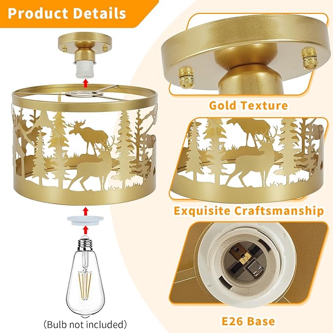 Rustic Semi-Flush Mount Ceiling Light, 9.1" Farmhouse Cabin Fixture with Deer, Bear Design, Gold Metal Ceiling Lamp for Bedroom, Living Room, Hallway, Entryway, E26 Base
